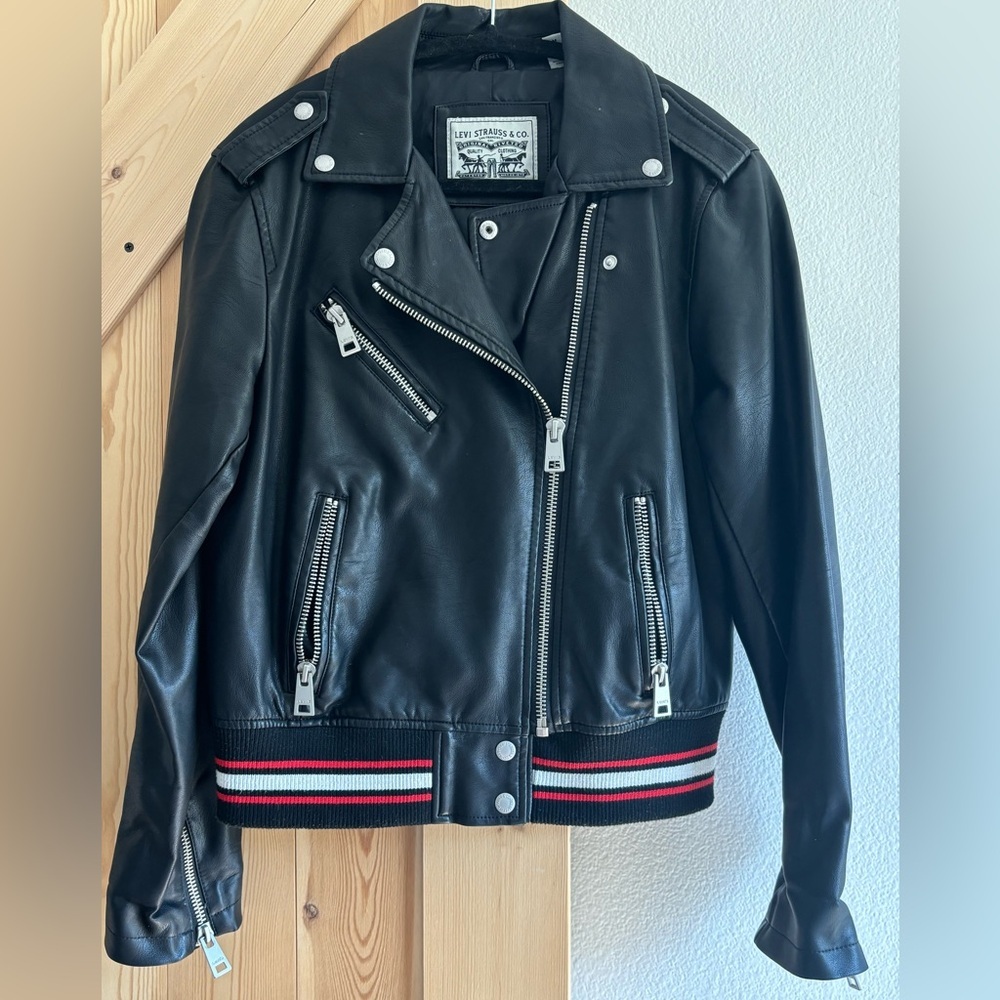 Levi's Black faux Leather Jacket with Red and White Stripes